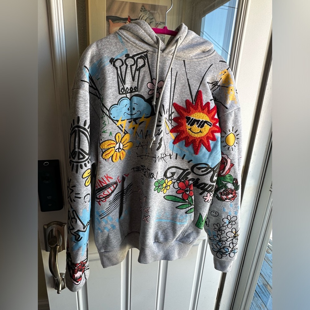 FIRST ROW All Over Hand Doodle & Chenille Patch Hoodie